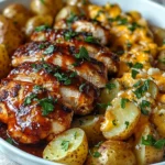 Delicious Honey BBQ Chicken served with cheesy garlic parmesan potatoes