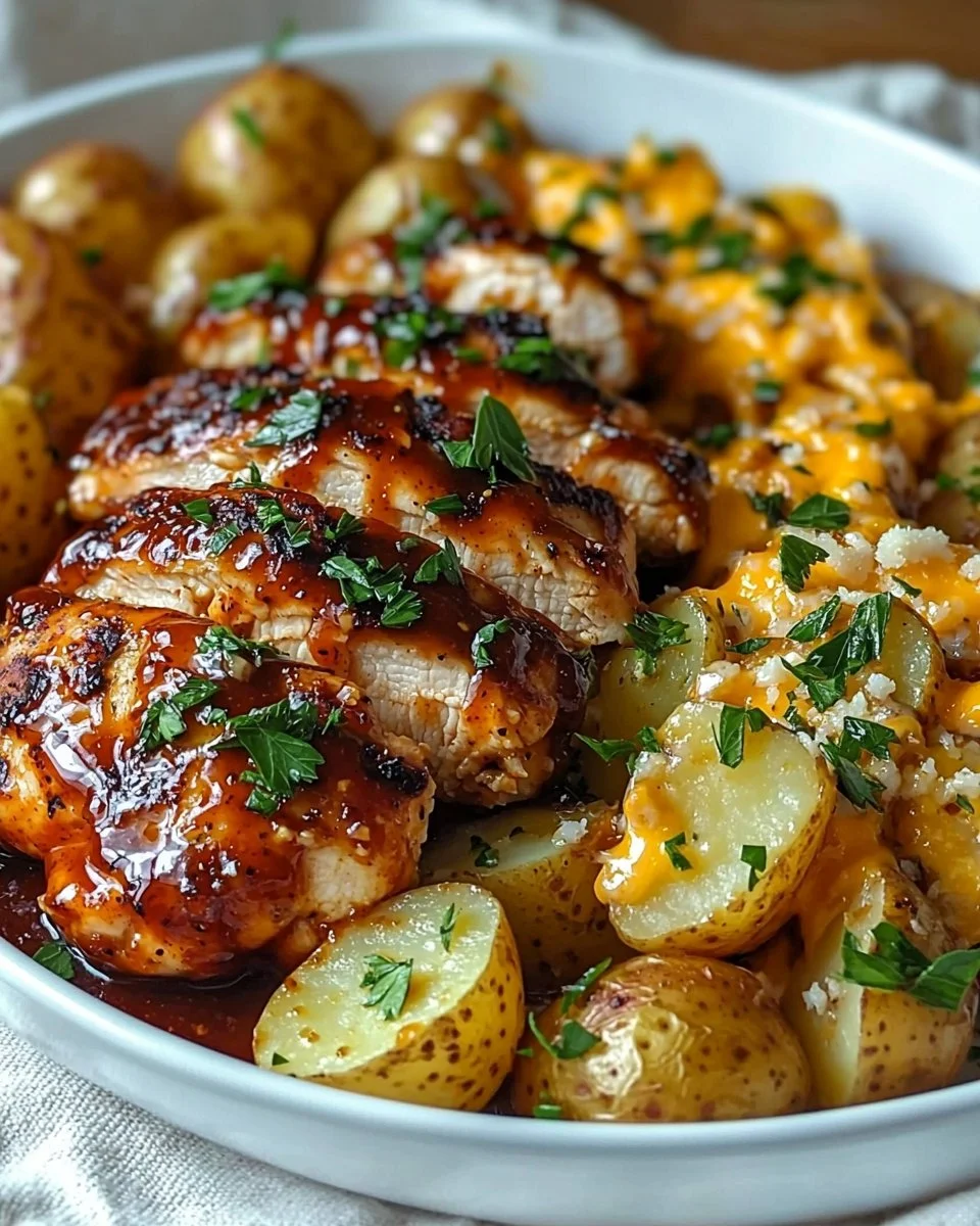 Honey BBQ Chicken with Cheesy Garlic Parmesan Potatoes