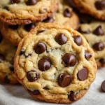 Delicious bakery style chocolate chip cookies on a wooden table