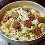 Keto Cajun Sausage Alfredo dish with cabbage