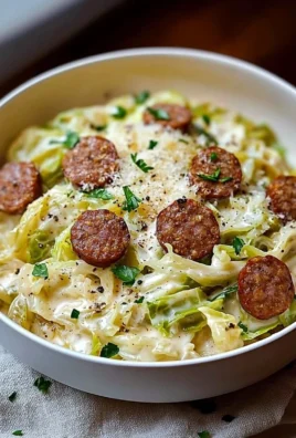 Keto Cajun Sausage Alfredo dish with cabbage