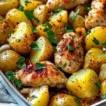 Lemon Garlic Chicken served with roasted potatoes on a plate
