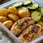 Lemon garlic chicken meal prep with vibrant veggies and rice in containers.