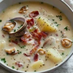 Bowl of New England clam chowder topped with parsley and served with crackers