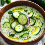 Chilled no-cook cucumber gazpacho served in a bowl with fresh herbs