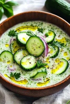 Chilled no-cook cucumber gazpacho served in a bowl with fresh herbs