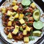 One Pan Chicken & Pineapple Tacos served on a plate with fresh toppings