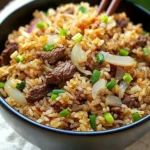 Delicious Onion Beef Fried Rice with tender beef and fresh onions