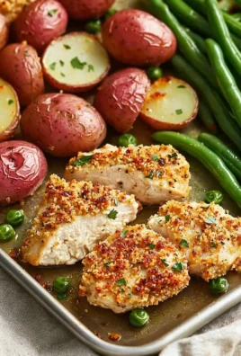 Delicious Parmesan Crusted Chicken served on a sheet pan with vegetables