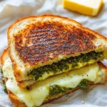 Delicious pesto grilled cheese sandwich with melted cheese and fresh basil pesto