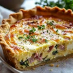 Delicious homemade quiche served on a plate with fresh ingredients