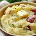 Bowl of creamy roasted garlic mashed potatoes topped with fresh herbs