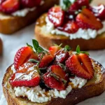 Roasted strawberry whipped ricotta toast with fresh herbs on a plate