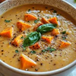Bowl of savory Italian sweet potato soup garnished with parsley and spices.
