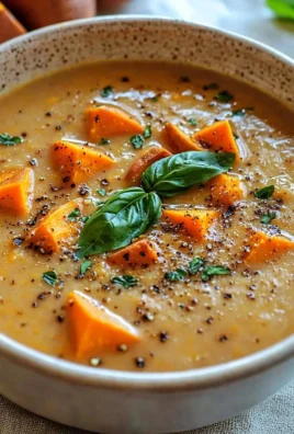 Bowl of savory Italian sweet potato soup garnished with parsley and spices.