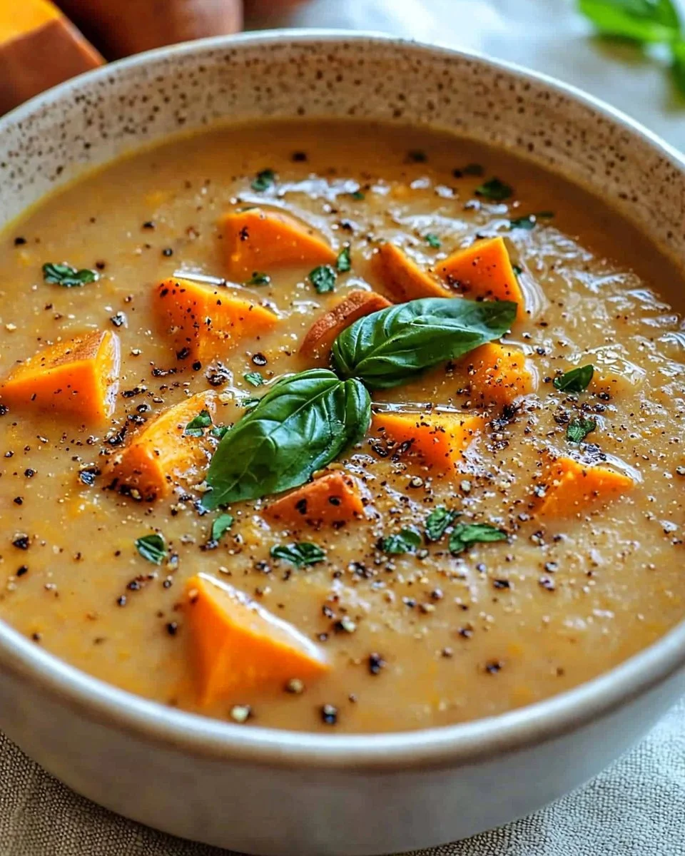 Bowl of savory Italian sweet potato soup garnished with parsley and spices.
