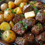 Slow cooker garlic butter steak bites served with potatoes
