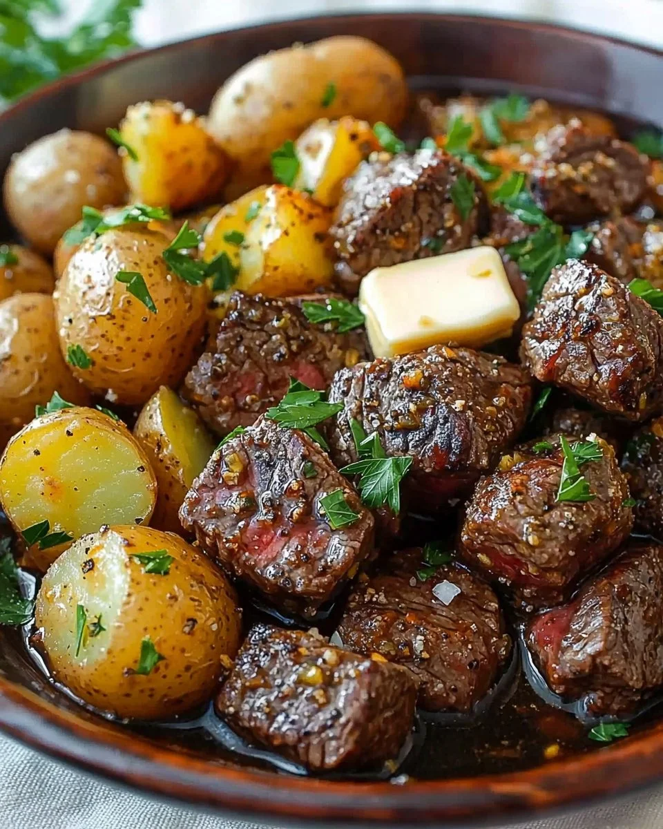 Slow Cooker Garlic Butter Steak Bites & Potatoes