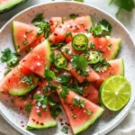 Spicy watermelon salad with cilantro and lime in a vibrant dish