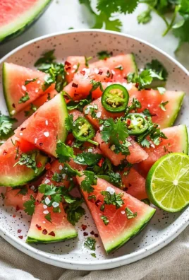 Spicy watermelon salad with cilantro and lime in a vibrant dish