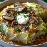 Stuffed cabbage rolls topped with creamy mushroom sauce on a plate.
