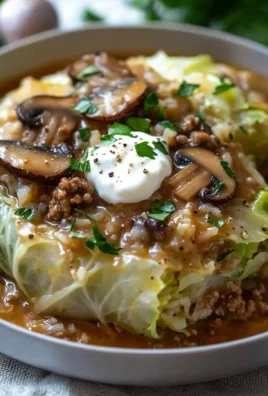 Stuffed cabbage rolls topped with creamy mushroom sauce on a plate.