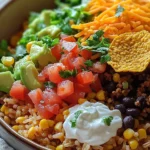 Taco Rice Bowl topped with Doritos for a crunchy twist.