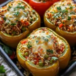 Vegetarian stuffed bell peppers filled with rice, beans, and vegetables