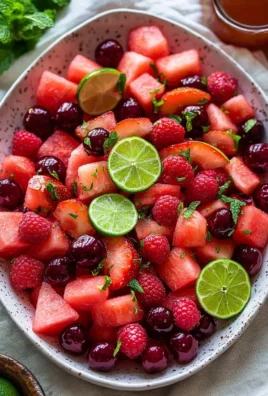 Colorful watermelon fruit salad with lime mint dressing