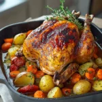 Whole roasted chicken with Creole garlic butter and mixed vegetables on a serving platter.