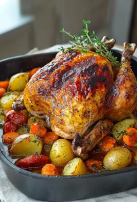 Whole roasted chicken with Creole garlic butter and mixed vegetables on a serving platter.