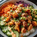 Delicious Bang Bang Chicken Bowl filled with vibrant vegetables and creamy sauce