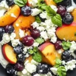 Blueberry Peach Feta Salad with fresh fruits and feta cheese in a bowl