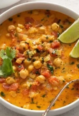 Chickpea Curry Soup in a bowl, garnished with fresh herbs and spices.