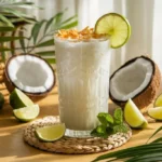 Coconut Lime Refresher Mocktail in a glass with lime and coconut garnish