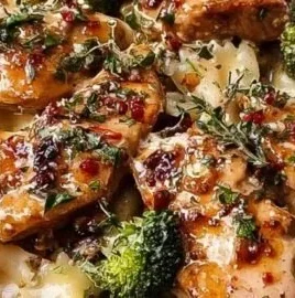Bowtie chicken with cowboy butter sauce and broccoli in a serving dish