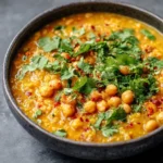 Creamy chickpea and red lentil curry served in a bowl with spices.
