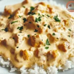 Delicious creamy smothered chicken served over rice