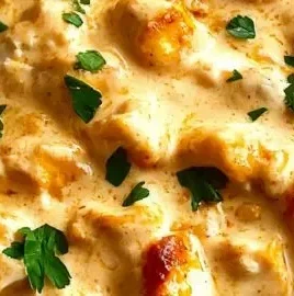 Delicious creamy smothered chicken served over rice in a comforting dish
