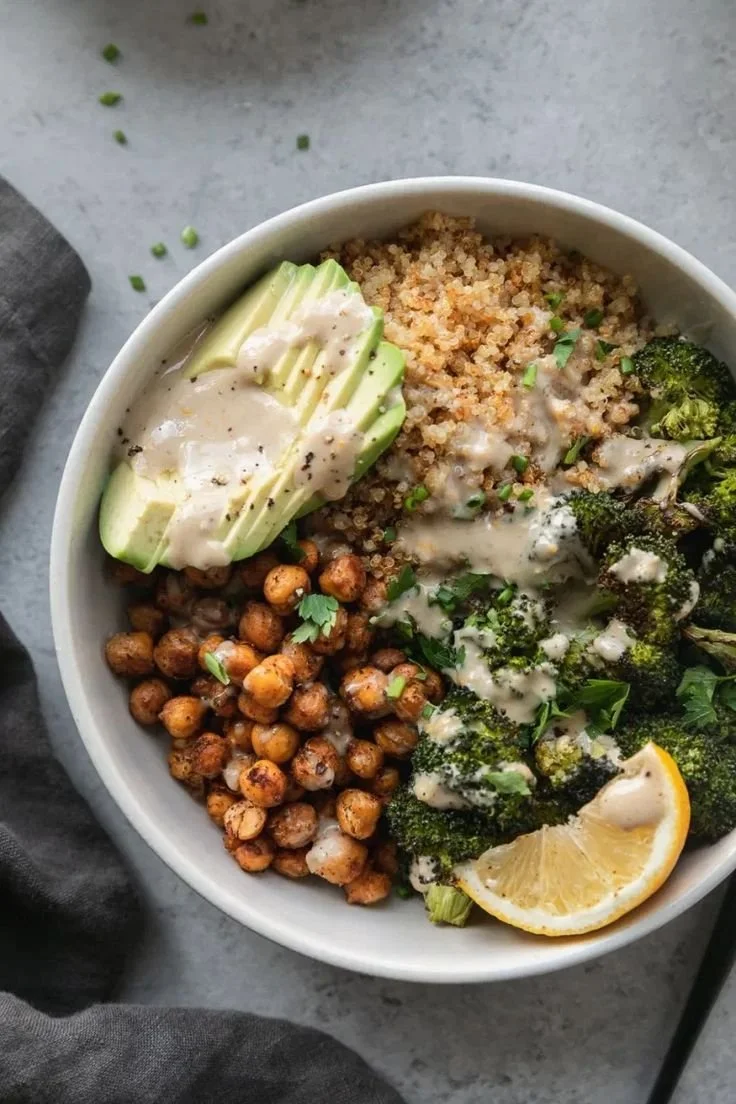 Crispy Quinoa Chickpea Bowls with Roasted Broccoli and Meyer Lemon Tahini Sauce