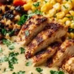 Delicious chicken quinoa bowl with fresh vegetables and savory dressing