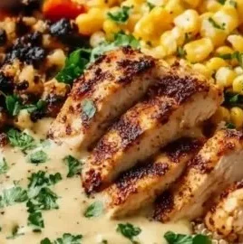 Delicious chicken quinoa bowl with fresh vegetables and savory dressing