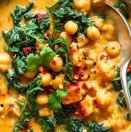 Bowl of easy one pot chickpea curry with fresh ingredients