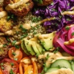 Falafel power bowl with quinoa, fresh veggies, and spicy harissa sauce.