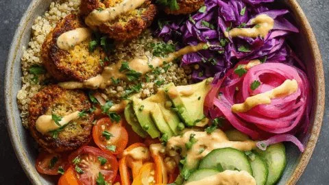 Falafel Power Bowl with Quinoa and Spicy Harissa