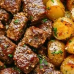 Garlic Steak Bites served with crispy potatoes