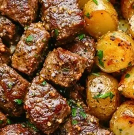 Garlic Steak Bites served with crispy potatoes