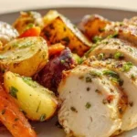 Herb Roasted Chicken served with colorful roasted vegetables