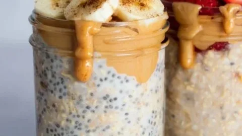Bowl of high-protein overnight oats topped with fruits and nuts