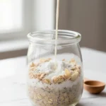 High-protein overnight oats topped with fruit and nuts in a glass bowl